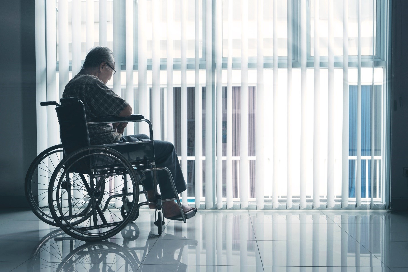 Senior in wheelchair sitting by window