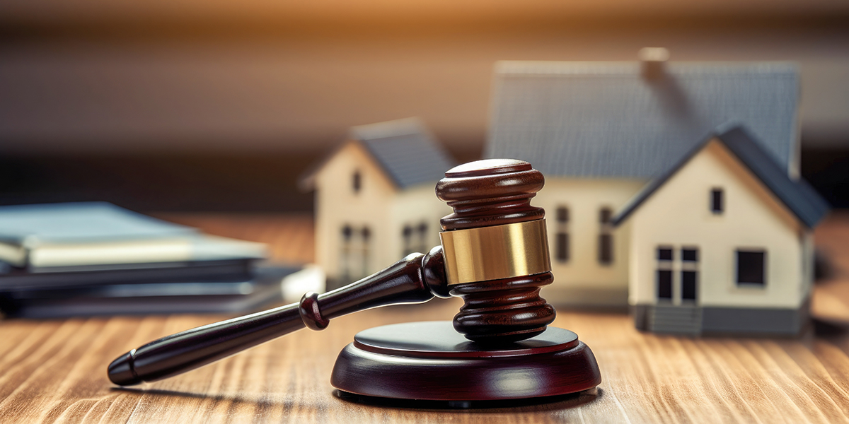 a gavel in the foreground, a small model of a home, and some books in the background